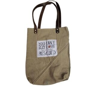 Vintage Addiction Canvas Leather Tote Bag You Cant Buy Love Rescued‎ Khaki Tan
